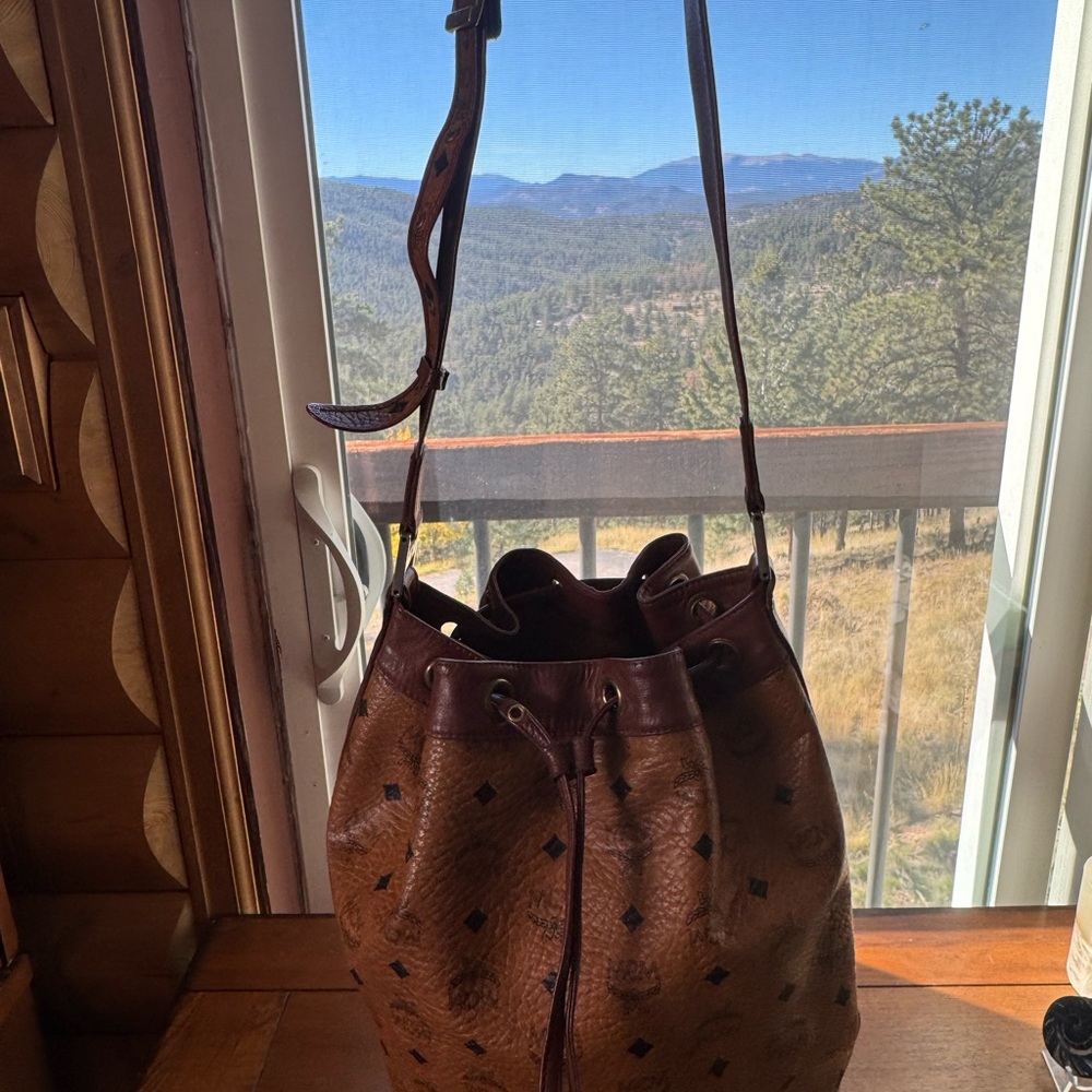 MCM Visetos Cognac Coated Canvas Drawstring Bucket Bag W/ COA - Picture 2 of 15